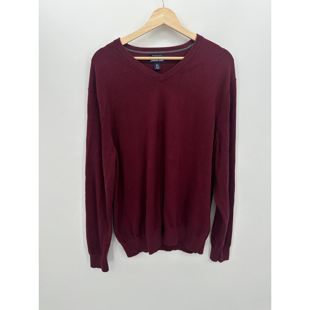 Lands End Mens Pima Cotton Burgundy Red Sweater Size XL V Neck Pullover Knit